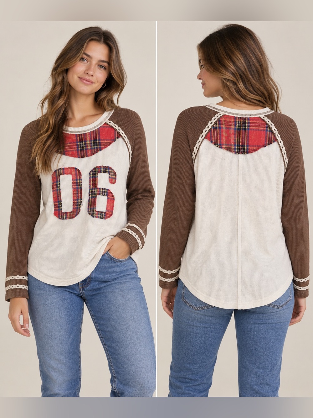 POL Plaid 06 Raglan Long Sleeve Thermal Top S Brown Cream